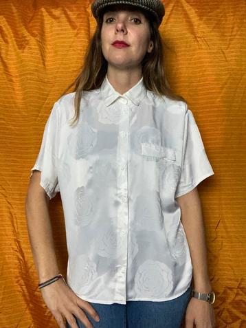 Vintage blouse - wit - glanzend - patroon rozen - 38/M