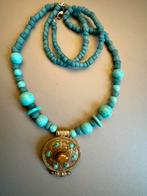 Turquoise ketting Bali met Tibetaanse hanger, Gebruikt, Blauw, Ophalen of Verzenden, Steen of Mineraal