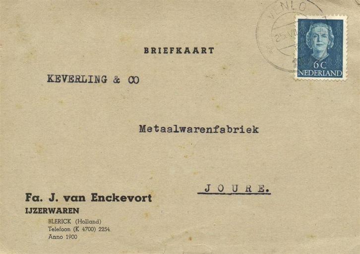 Fa. J. van Enckevort, IJzerwaren, Blerick - 07.1951 - briefk, Postzegels en Munten, Brieven en Enveloppen | Nederland, Briefkaart
