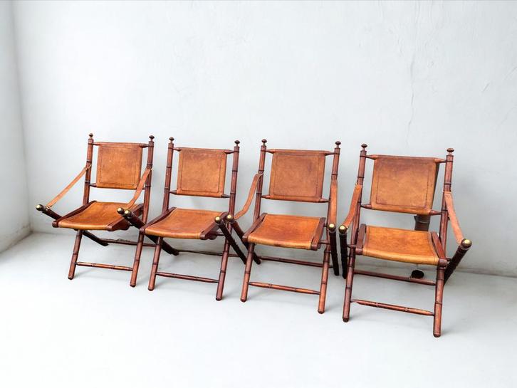 4 Vintage Leren offiersstoelen, Huis en Inrichting, Stoelen, Gebruikt, Eén, Hout, Bruin, Ophalen of Verzenden