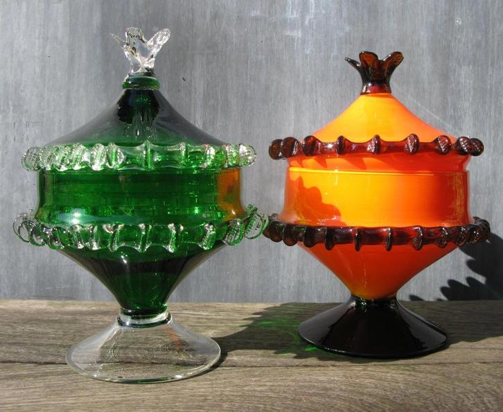 MCM EMPOLI-GLAS MURANO BONBONNIERE GROEN + ORANJE, Antiek en Kunst, Antiek | Glas en Kristal, Ophalen of Verzenden