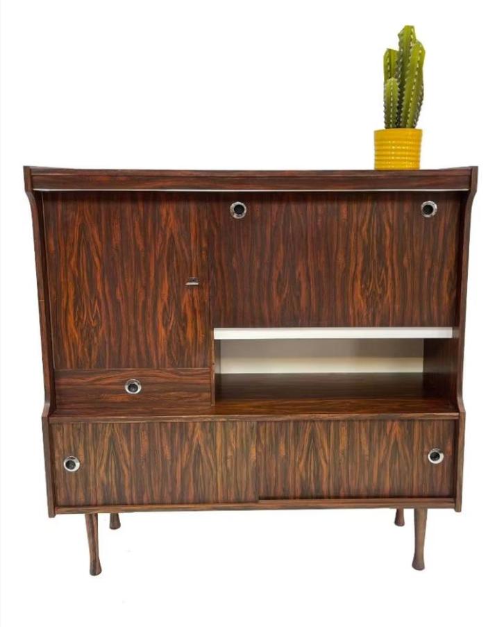 Vintage Highboard Wandmeubel Jaren 60 rosewood Fineer, Huis en Inrichting, Kasten | Wandmeubels, Gebruikt, Minder dan 150 cm, 25 tot 50 cm