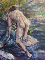 Mooi Olieverfschilderij op doek 'The Lake' Mannelijk naakt, Antiek en Kunst, Kunst | Schilderijen | Modern, Ophalen of Verzenden