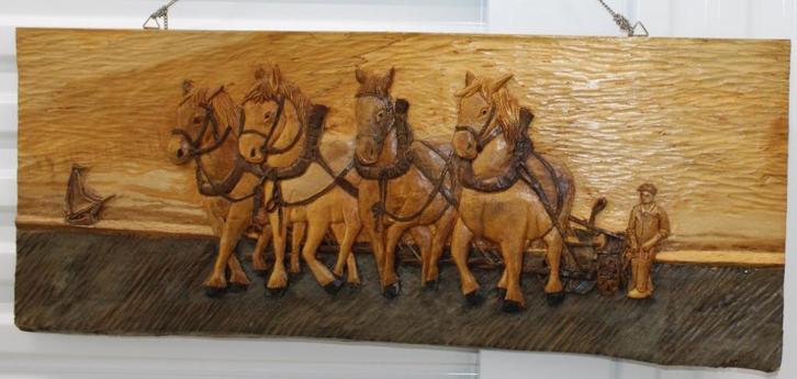 Houten Basrelief – Vierspan met Boer op Wagen (88x36 cm), Huis en Inrichting, Woonaccessoires | Wanddecoraties, Gebruikt, Ophalen