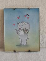 Vintage miniatuur schilderijtje zingend olifantje uit 1986., Ophalen of Verzenden, Tekening