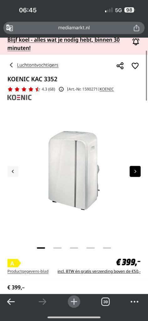 KOENIC KAC 3352, Witgoed en Apparatuur, Airco's, Zo goed als nieuw, Mobiele airco, Minder dan 60 m³, Koelen en Ontvochtigen, Ophalen