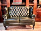 Chesterfield bankje dubbele oorfauteuil groen leer, Ophalen, Info@chesterfieldjunkie.nl, Tweepersoons, Zo goed als nieuw