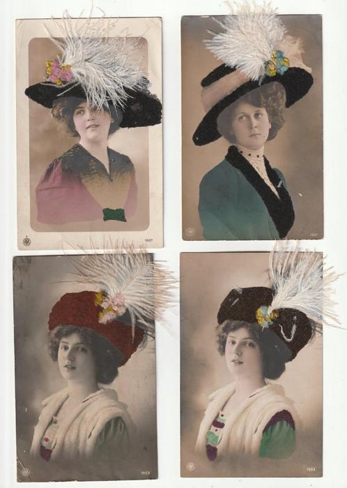 5 met veren versierde kaarten vrouwen met hoed, Verzamelen, Ansichtkaarten | Themakaarten, Voor 1920, Overige thema's, Verzenden