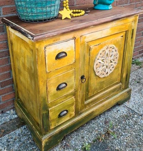 Boho dressoir tv-kast buffetkastje shabby chic geel groen, Huis en Inrichting, Kasten | Dressoirs, Zo goed als nieuw, 50 tot 100 cm