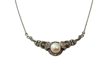 Vintage zilveren collier, choker, met parel en markasiet. beschikbaar voor biedingen