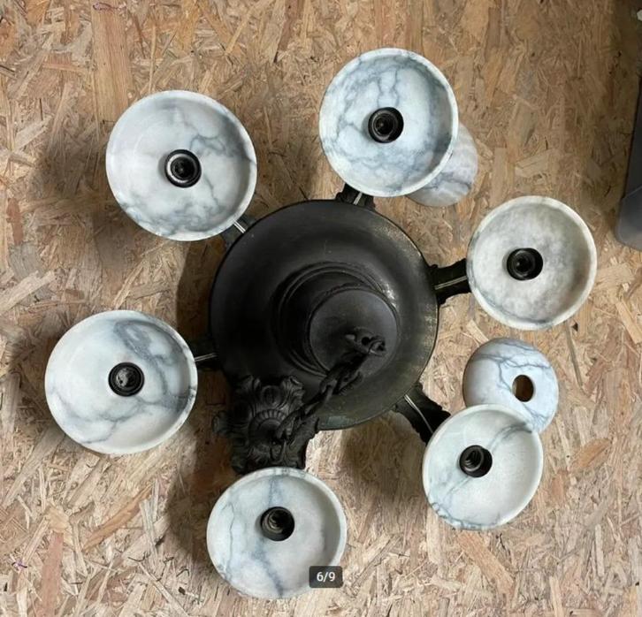 grote vintage kroonluchter - heel bijzonder !!! smeedijzer, Huis en Inrichting, Lampen | Kroonluchters, Gebruikt, Glas, Metaal