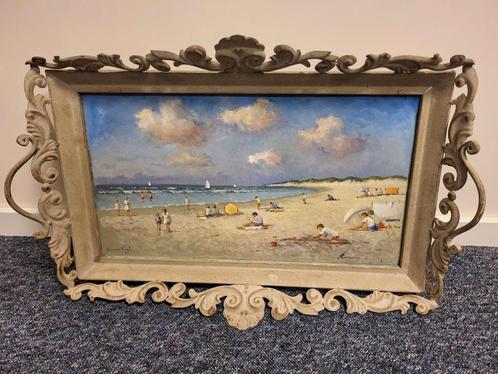 Strandgezicht op luxe en sierlijk dienblad, Antiek en Kunst, Kunst | Schilderijen | Klassiek, Ophalen of Verzenden