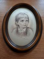 Retro Schilderij van een Jongen in Ovale Lijst 17x21,5 cm, Ophalen of Verzenden