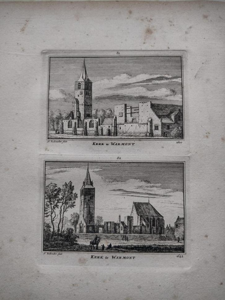 081-082 Warmont Warmond de Kerk Kopergravure dl 3 18e Eeuw, Antiek en Kunst, Kunst | Etsen en Gravures, Ophalen of Verzenden