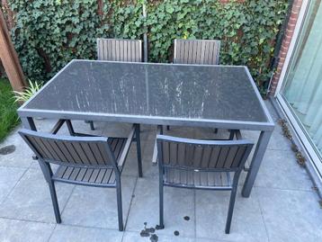 Grijze tuintafel van aluminium en plexiglas (excl stoelen) beschikbaar voor biedingen