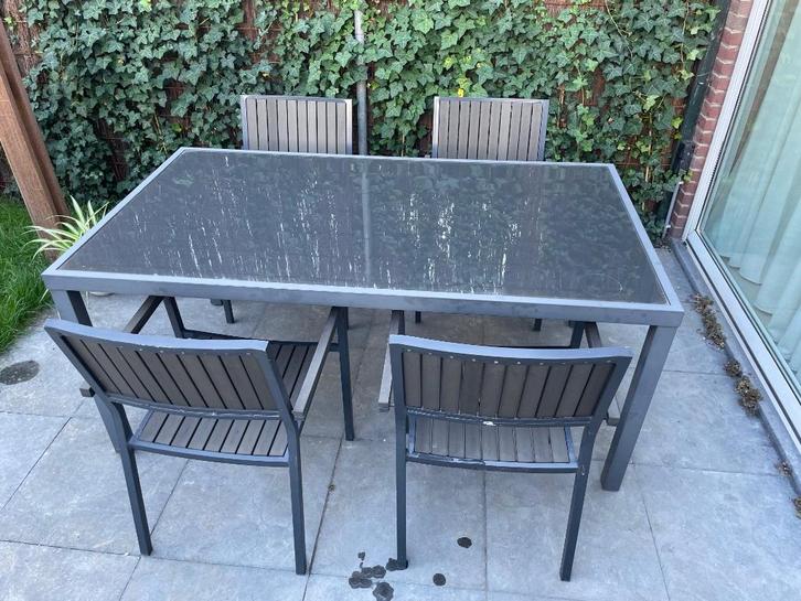 Grijze tuintafel van aluminium en plexiglas (excl stoelen), Tuin en Terras, Tuintafels, Gebruikt, Rechthoekig, Aluminium, Ophalen