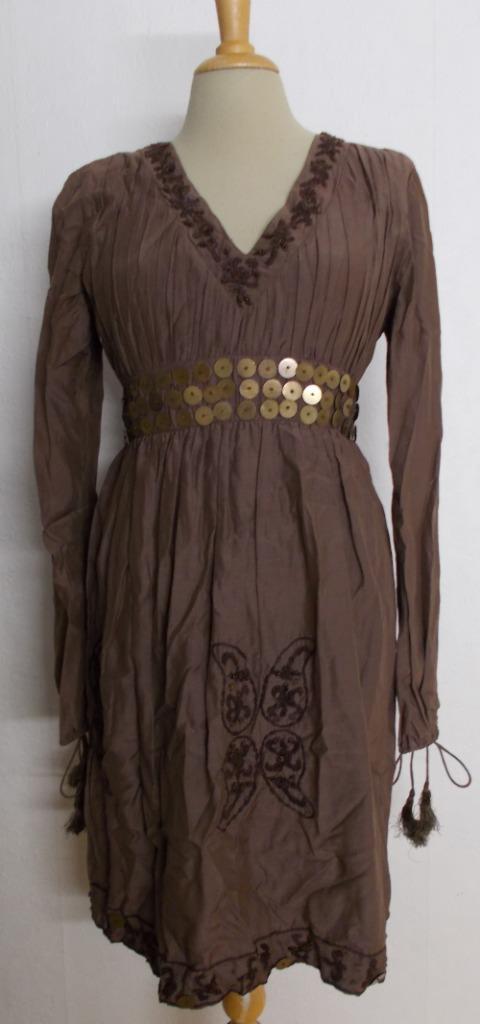 Ibiza/boho bruin silk bewerkt jurkje van Tony Cohen! M, Kleding | Dames, Jurken, Zo goed als nieuw, Maat 38/40 (M), Bruin, Knielengte