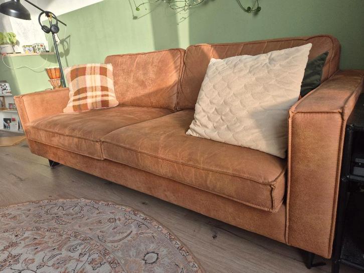 Cognac leren bank, Huis en Inrichting, Banken | Bankstellen, Gebruikt, Rechte bank, Driepersoons, 200 tot 250 cm, 75 tot 100 cm