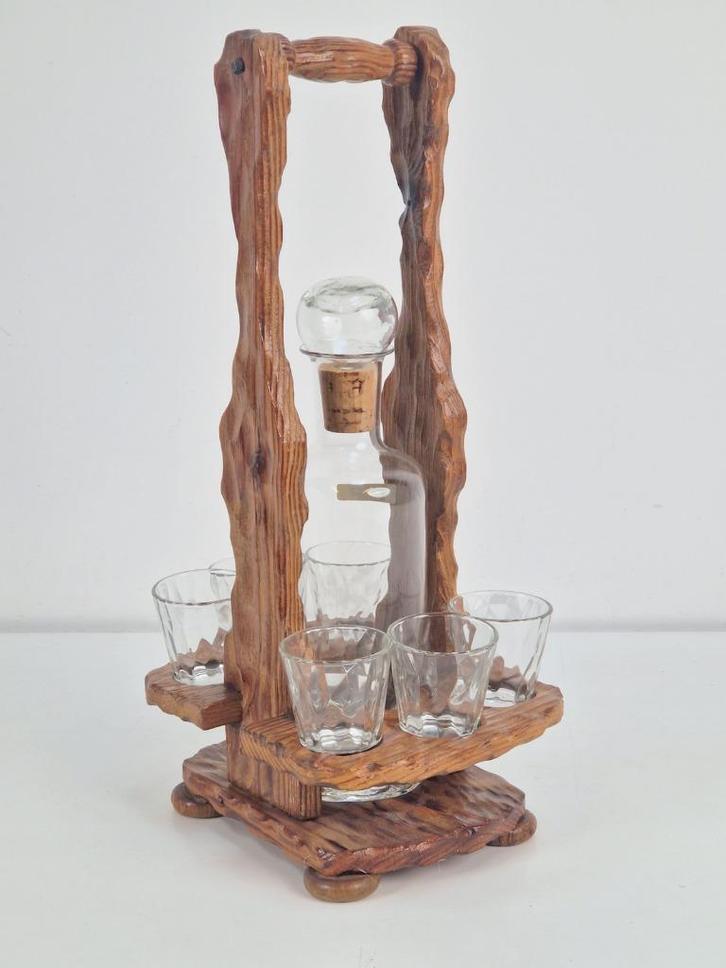Vintage houten karafhouder Nachtmann kristal karaf 6 glazen, Antiek en Kunst, Antiek | Glas en Kristal, Ophalen of Verzenden