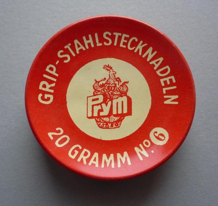 blikje PRYM Grip-Stahlstecknadeln + 19 zwarte kopspelden, Verzamelen, Blikken, Gebruikt, Overige, Overige merken, Verzenden