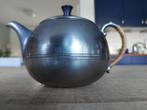 Tinnen theepotje met rotan omwikkeld handvat en zwarte knop, Ophalen of Verzenden
