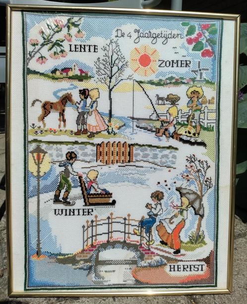 Geborduurd schilderij vier jaargetijden van Rie Kramer, Hobby en Vrije tijd, Borduren en Borduurmachines, Overige typen, Ophalen of Verzenden