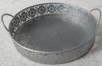 Gegraveerd metalen dienblad met twee handvatten, Ophalen of Verzenden, Gebruikt, Rond, Metaal