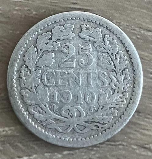 25 cent 1910 Wilhelmina, Postzegels en Munten, Munten | Nederland, Losse munt, 25 cent, Koningin Wilhelmina, Zilver, Ophalen