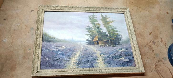 Schilderij: Landschap met huisje - 29x38 cm, Antiek en Kunst, Kunst | Schilderijen | Klassiek, Ophalen of Verzenden
