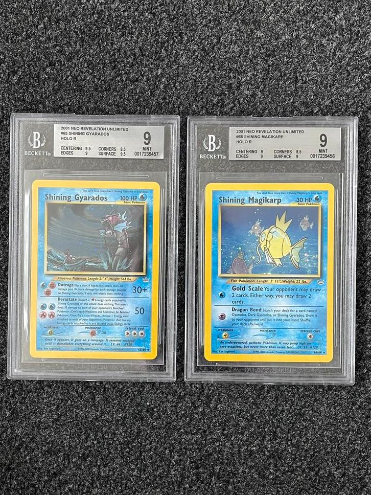 Pokémon BGS 9 Shining Magikarp & Gyarados Neo revelation, Hobby en Vrije tijd, Verzamelkaartspellen | Pokémon, Zo goed als nieuw