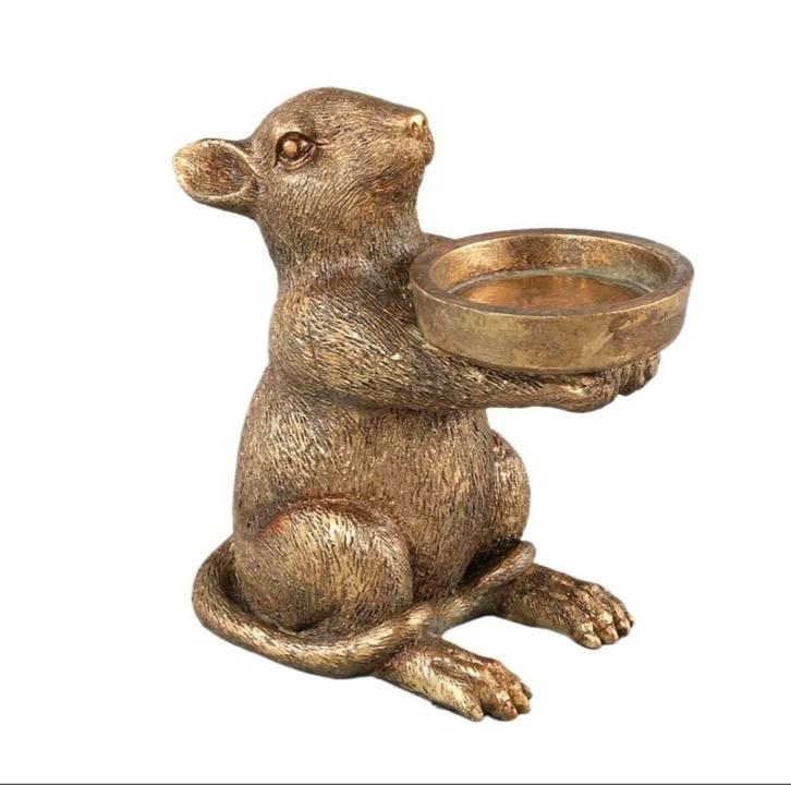 PTMD theelichthouder Miro muis goudkleurig 13,5 cm, Huis en Inrichting, Woonaccessoires | Kandelaars en Kaarsen, Nieuw, Minder dan 25 cm