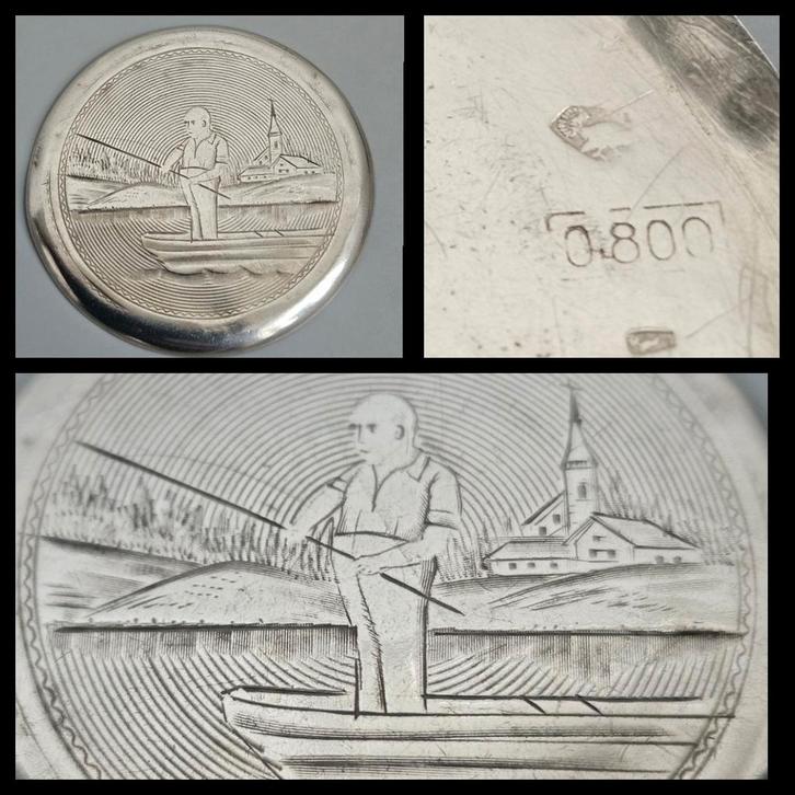 Antiek zilver,  gegraveerd zilveren plaatje,  visser in boot, Antiek en Kunst, Antiek | Goud en Zilver, Zilver, Ophalen of Verzenden