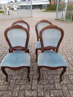 Set 4 noten barok stoelen blauwe velourse stof, Ophalen of Verzenden