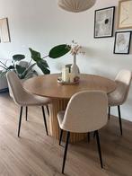 Ronde Eettafel en 4 beige Stoelen. Als complete set niet los, Ophalen, 100 tot 150 cm, Zo goed als nieuw, Vier personen