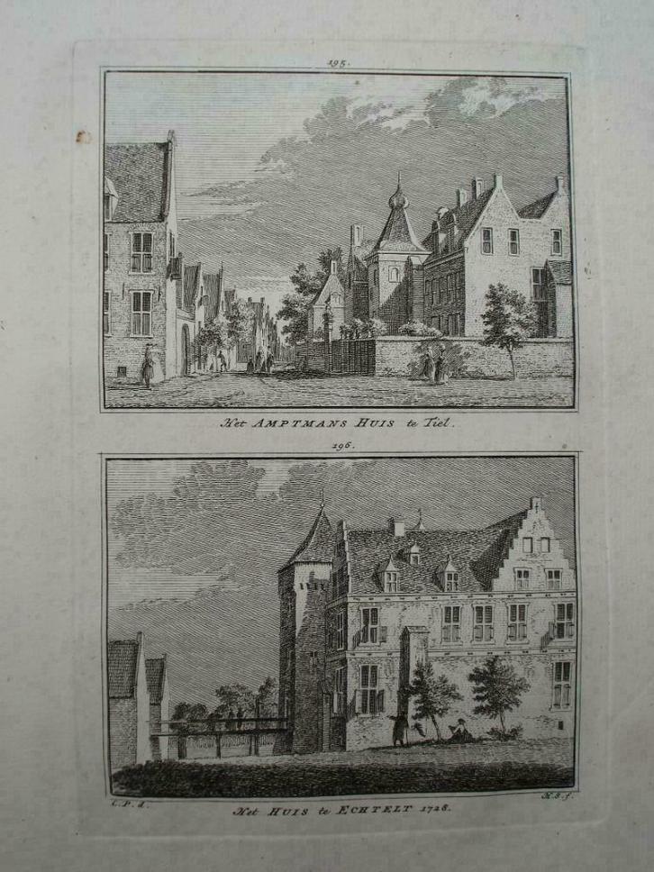 195-196 / Echteld en Tiel Amptsmans Huis Kopergravure 1746, Antiek en Kunst, Kunst | Etsen en Gravures, Ophalen of Verzenden