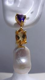 Oorhangers, goud/zilver, Amethist, Citrien, Parel, Hangers, Verzenden, Paars, Nieuw
