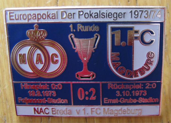 pin NAC Breda - FC Magdeburg Europacup II 1973-1974 De Kuip, Verzamelen, Speldjes, Pins en Buttons, Zo goed als nieuw, Speldje of Pin