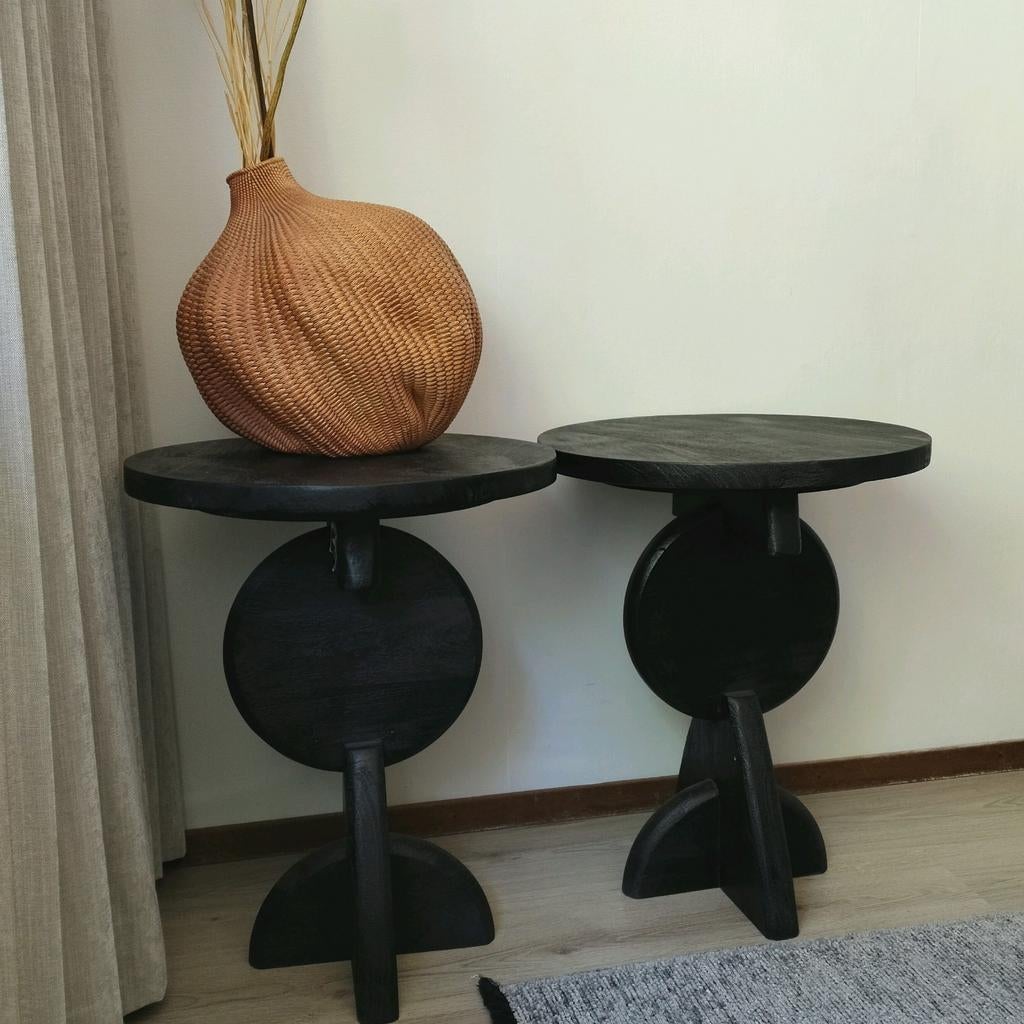 Woood Pete bijzettafel zwart 2 stuks, Huis en Inrichting, Tafels | Bijzettafels, Zo goed als nieuw, Rond, 45 tot 60 cm, Minder dan 55 cm