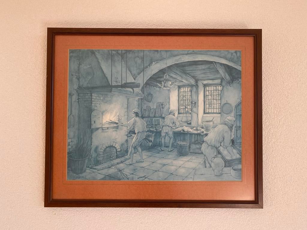 Antieke bakkerij scène aquarel in lijst, Antiek en Kunst, Ophalen