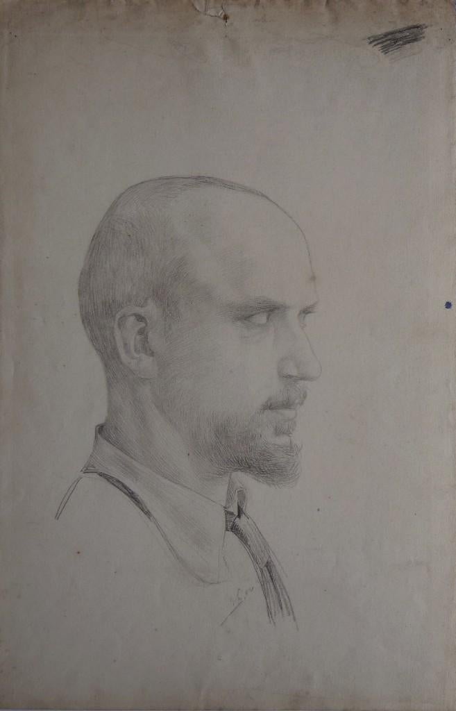 Klaas van Leeuwen krijttekening "Zelfportret", met monogram, Ophalen