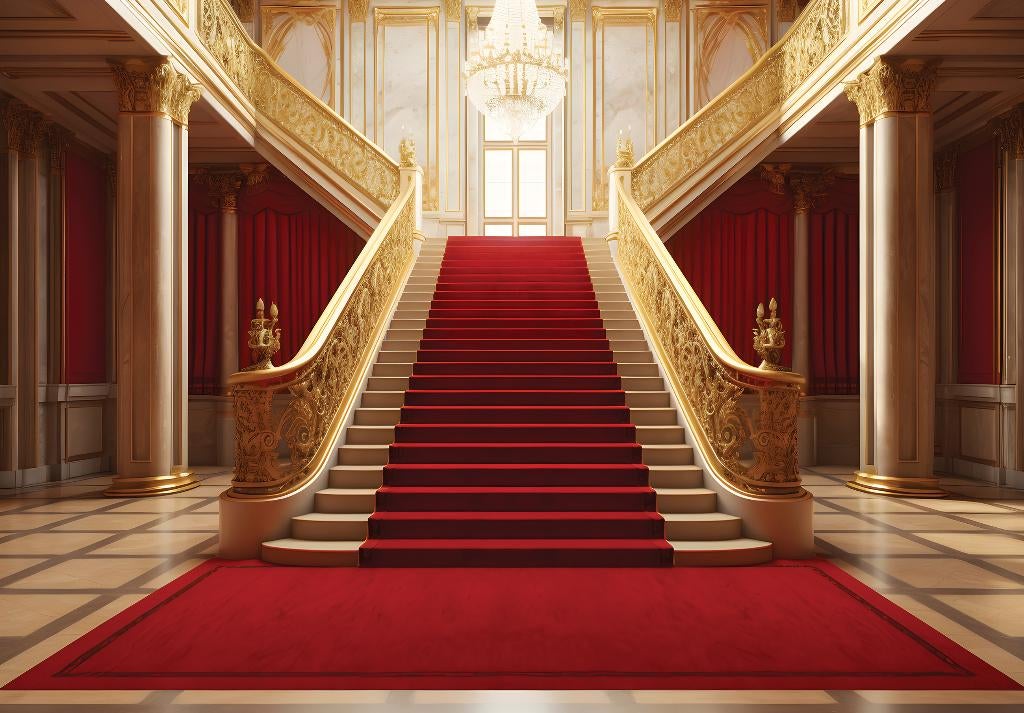 Gouden trap met rode loper 3D behang, Fotobehang4you, Verzenden, Minder dan 10 m², Grijs, Gouden Trap, hal, rode loper, 3D