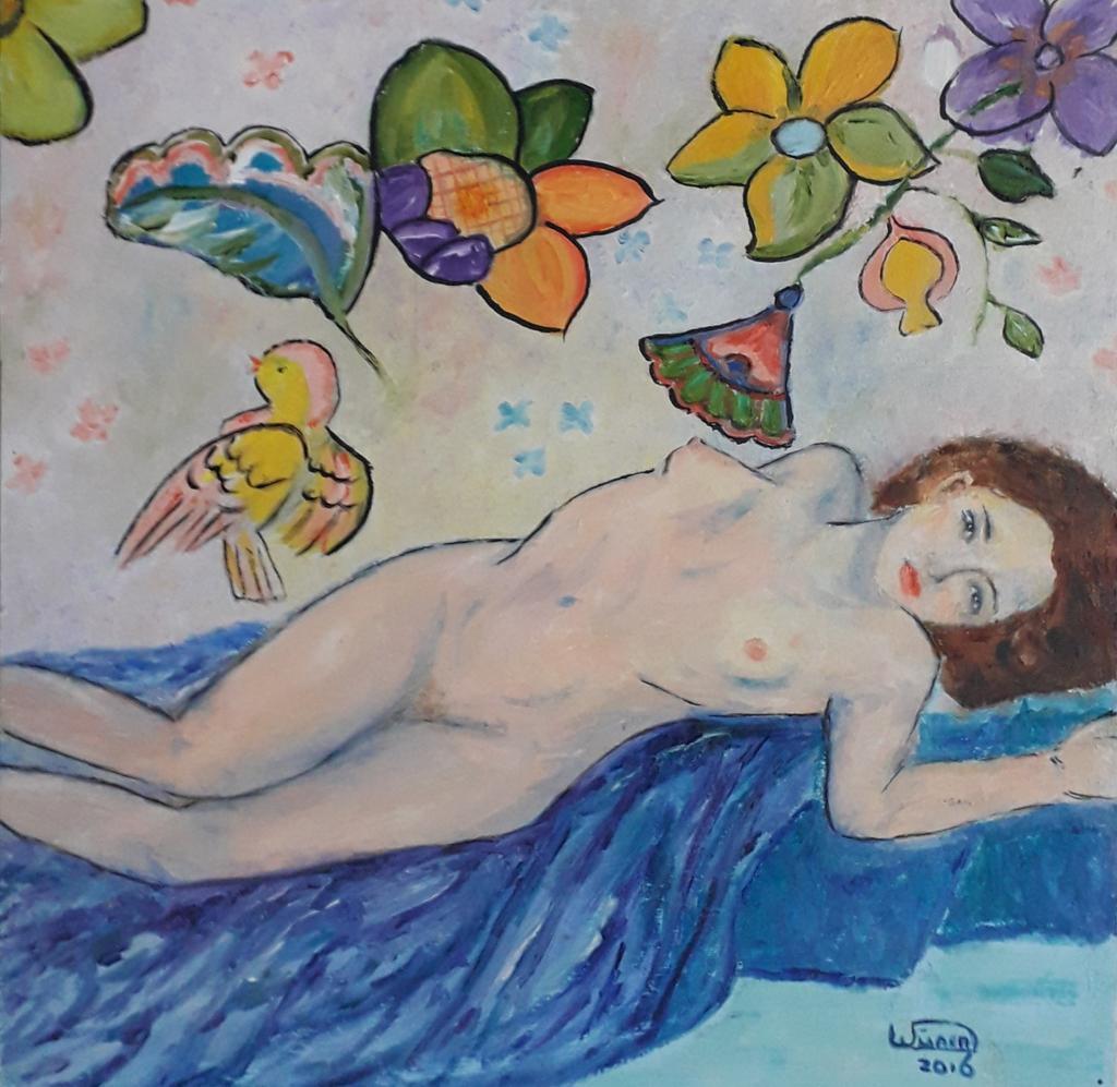 LIGGEND NAAKT MEISJE IN GEDACHTEN VERZONKEN>VOGEL>BLOEMEN, Antiek en Kunst, Kunst | Schilderijen | Klassiek, Ophalen of Verzenden