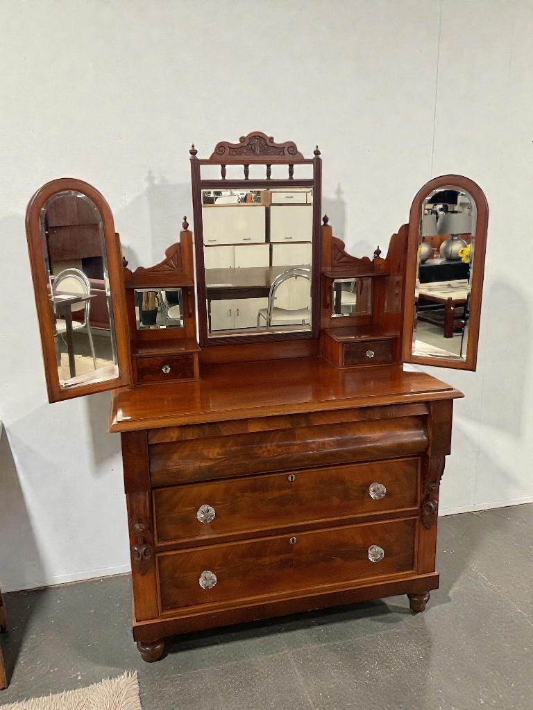 Vintage dresser empire stijl met driedelige spiegel # 9991, Ophalen, Gebruikt, 100 tot 150 cm, -