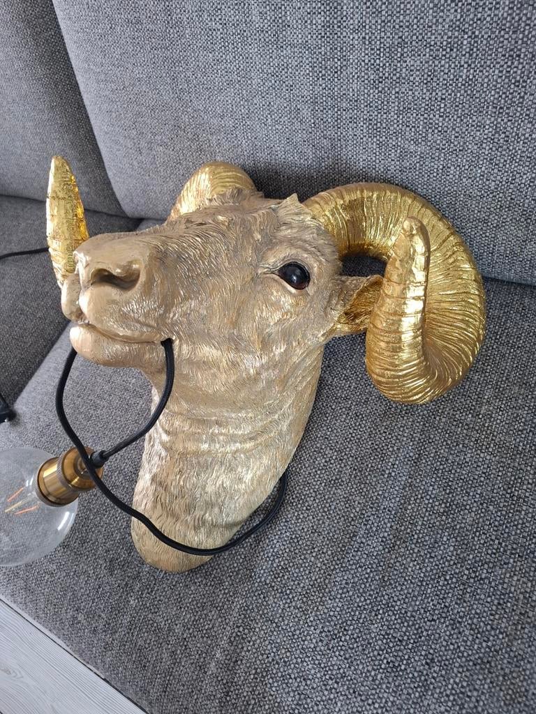 Unieke wandlamp ramshoofd goud met Edison lamp, Ophalen, Vintage, Industrieel, Eclectisch, Modern, Gebruikt, Glas