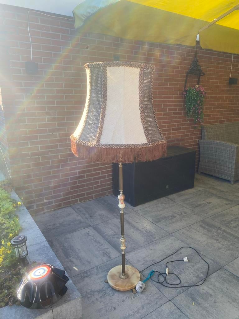Vintage staande lamp met franjes en marmeren voet, Ophalen of Verzenden