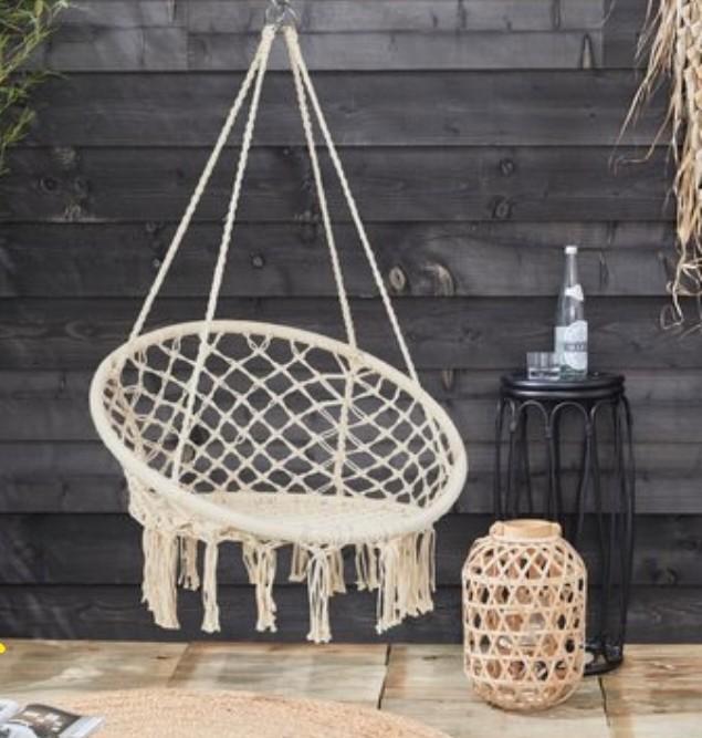 2x witte Boheemse Ibiza stijl hangstoelen - Macramé, Huis en Inrichting, Stoelen, Zo goed als nieuw, Twee, Stof, Overige materialen