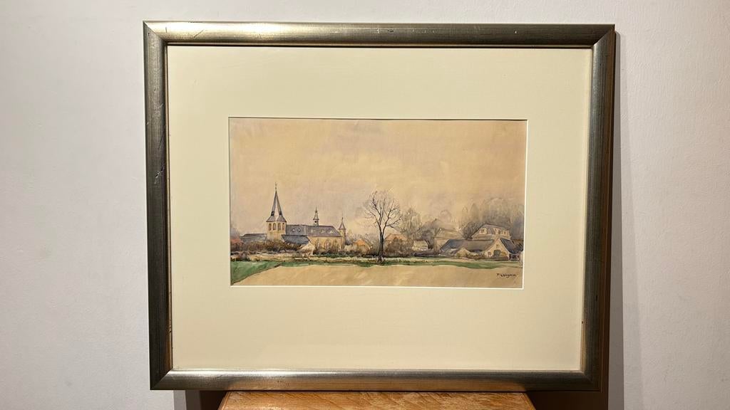 Jan Wiegman - aquarel dorpsgezicht met kerk - 53 x 66 lijst, Antiek en Kunst, Ophalen of Verzenden