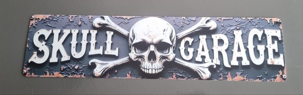 Metalen wandbord "Skull Garage" 10x40 cm, Metaal, Nieuw, Ophalen of Verzenden, Reclamebord