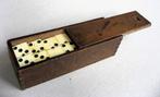 Antiek dominospel, been en ebbenhout in schuifdoos, Ophalen of Verzenden