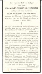 Erlecum 1889 - Horssen 1954 Johannes Jeuken, Ophalen of Verzenden, Bidprentje